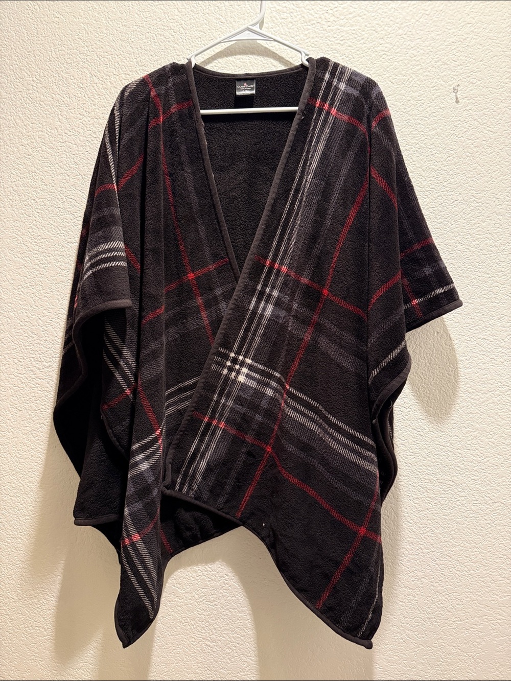 Cuddl Duds Black Plaid Wrap Poncho with Red & Gray Accents